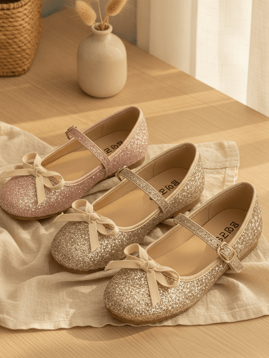 حذاء بناتي ذهبي لامع بفيونكة شريط أصفر باستيل